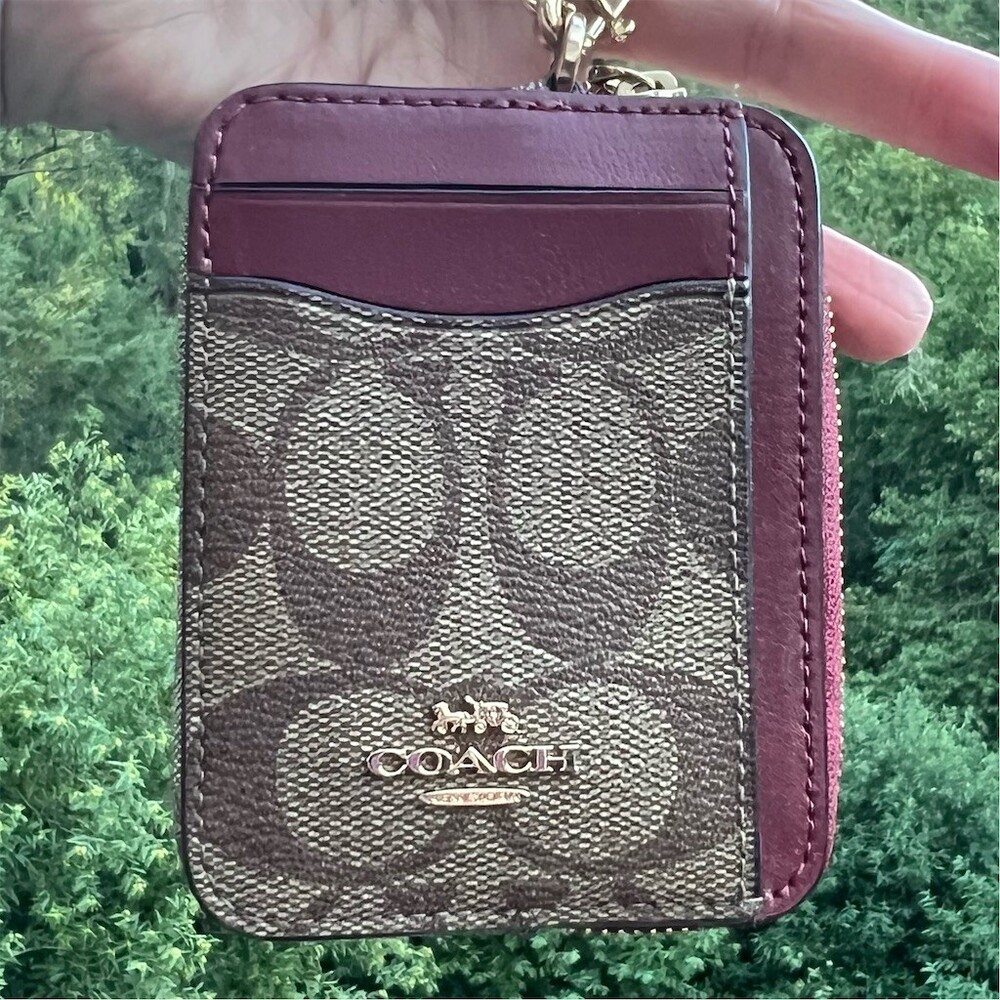 COACH Zip Card Case CC/ID Wallet Signature Canvas and Smooth Leather AUTHENTIC - Picture 2 of 5
